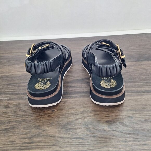 💙 Vince Camuto Anivay Leather Platform Sandals Size 11 Black Gold - Picture 3 of 8